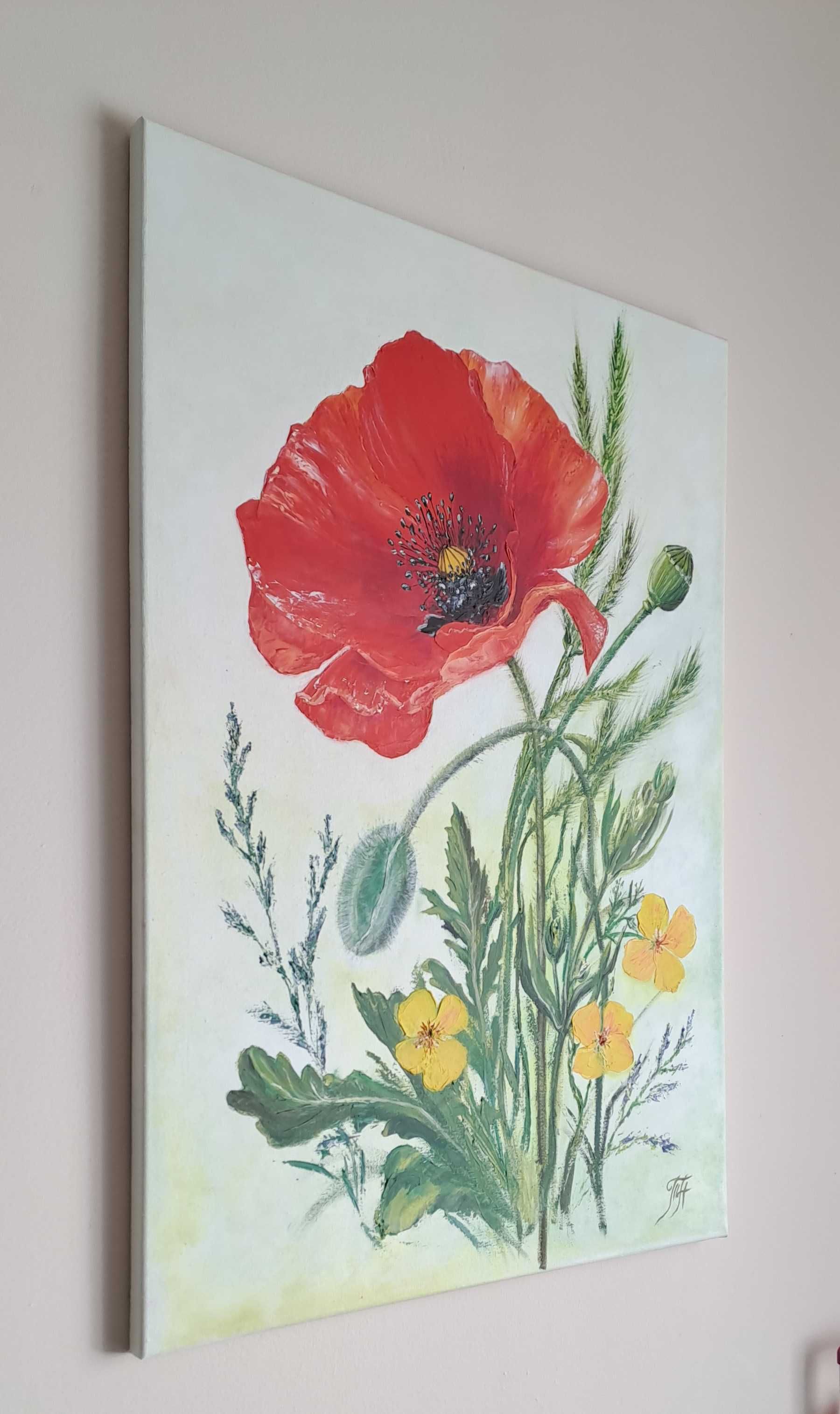 Obraz olejny na płótnie, "Czerwony mak" 70х50cm