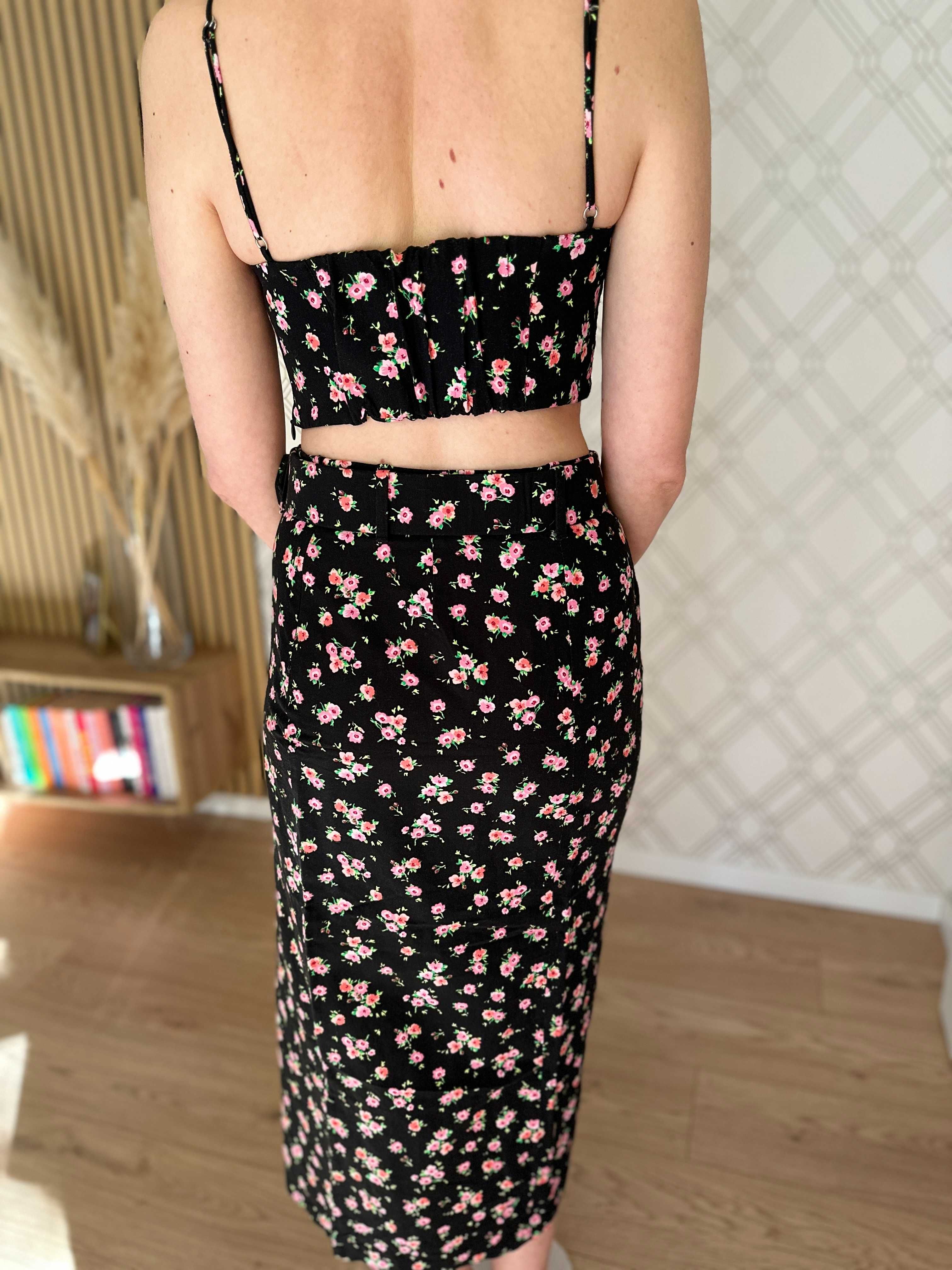Czarny set komplet w kwiatki spódnica midi crop top gorset Zara