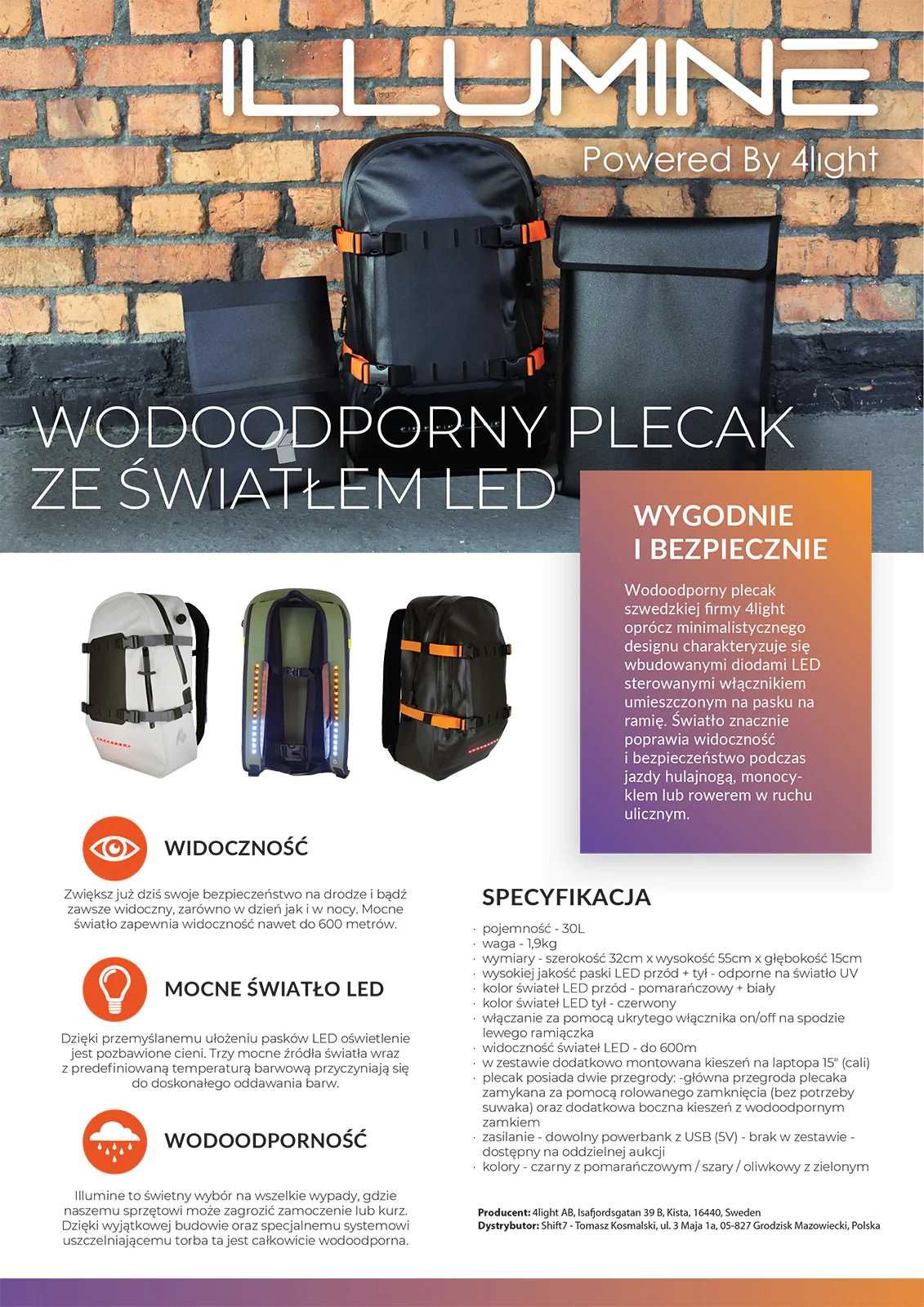 Wodoodporny Plecak 30L Illumine Ze Światłami LED Szary