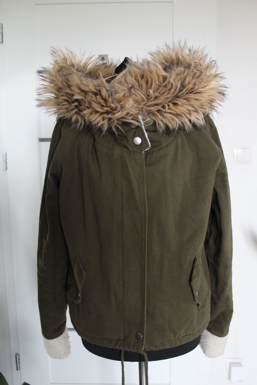 SHEIN kurtka zimowa parka zielona khaki miś futro ocieplana kaptur