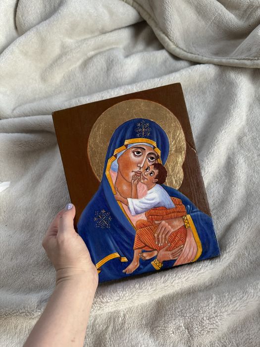 Ręcznie malowany obraz Maryja i Jezus ilona ikonografia akryl