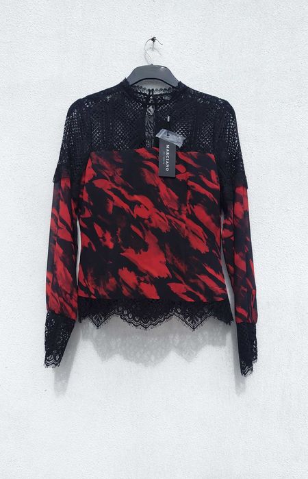 Шикарная блуза с кружевом чёрная с красным Guess Marciano S M