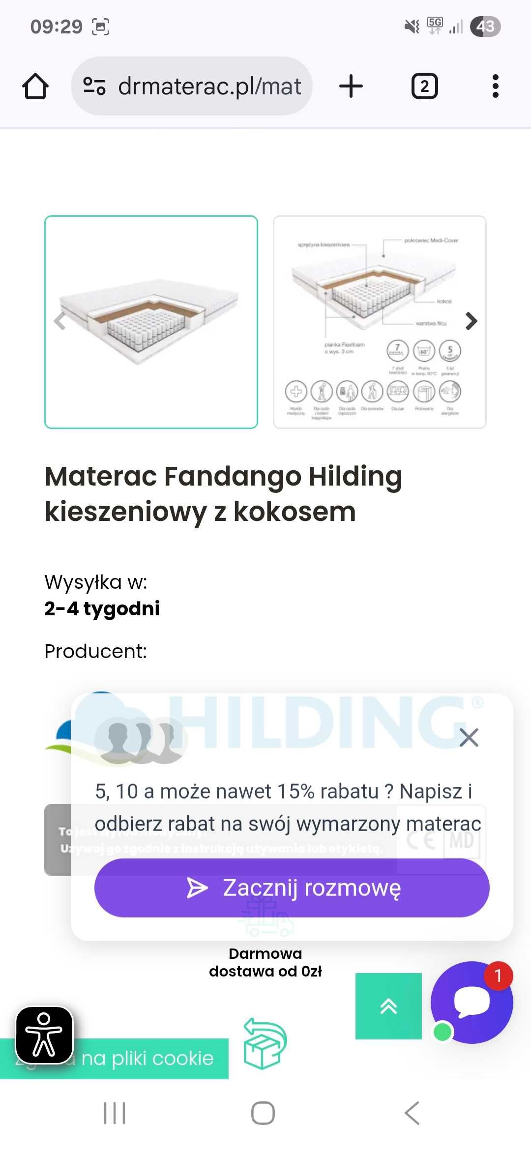 Materac hilding Fandango 180x200  Nowy