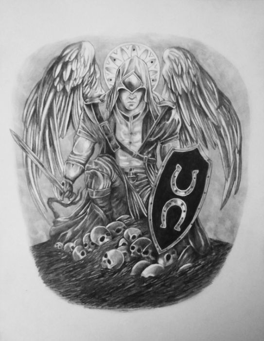 Anioł z czaszkami i mieczem rysunek ołówek art