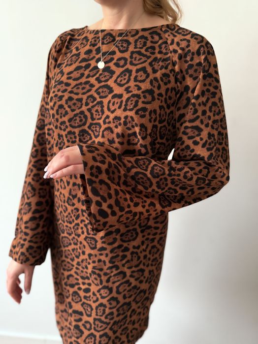 Panterkowa sukienka szerokie rękawy H&M 40 L brązowa do kolana pantera