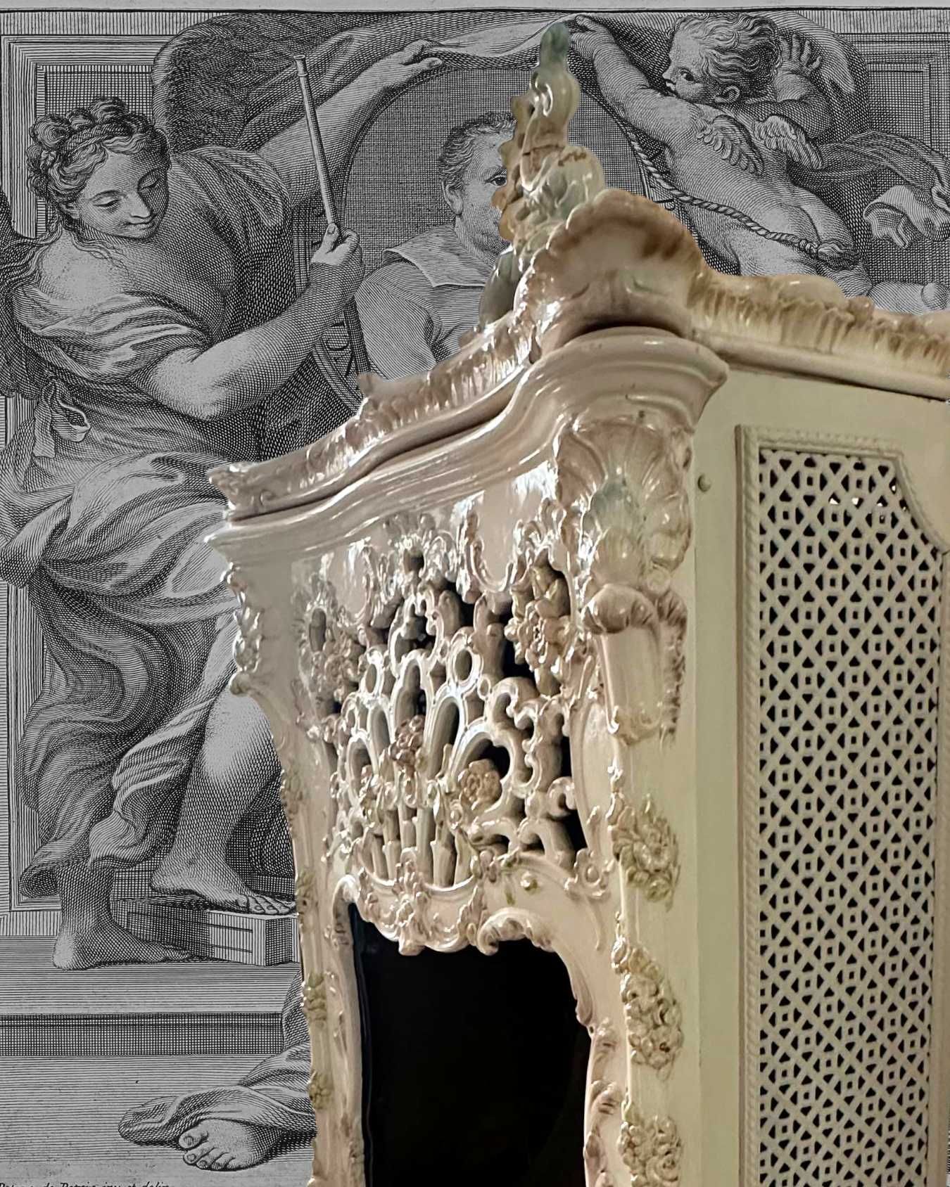 Majolika, kominek Mettlach - Villeroy & Boch z ok. 1890 roku
