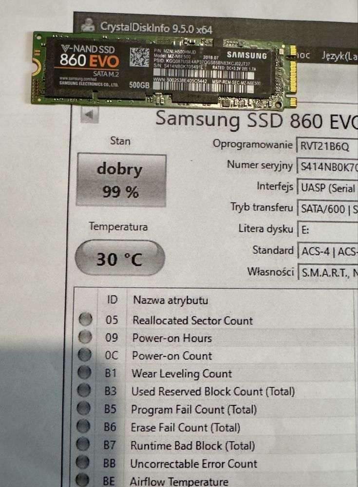 Dysk SSD SAMSUNG 860 EVO 500 GB M.2 SATA III 600 - zdrowie 99 % raport