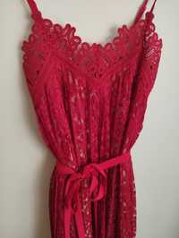 Czerwono-kremowa plisowana sukienka midi M/L