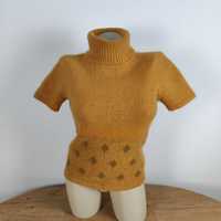 Musztardowy Sweter Z Golfem Vintage Wełniany Angora 34 Xs