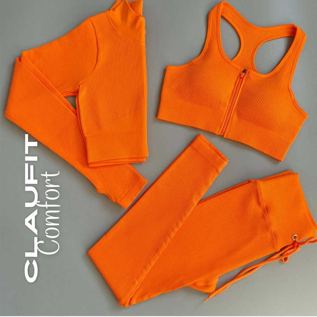 Conjunto Desportivo Laranja: Casaco, Top, Sutiã, Legging e Calção