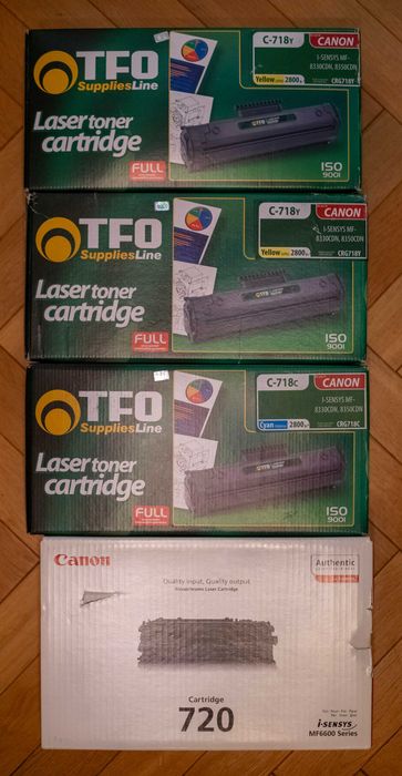 Toner Canon CRG-720 Oryg. + CRG-718 Zamienniki C Y Zestaw 4 szt. NOWE