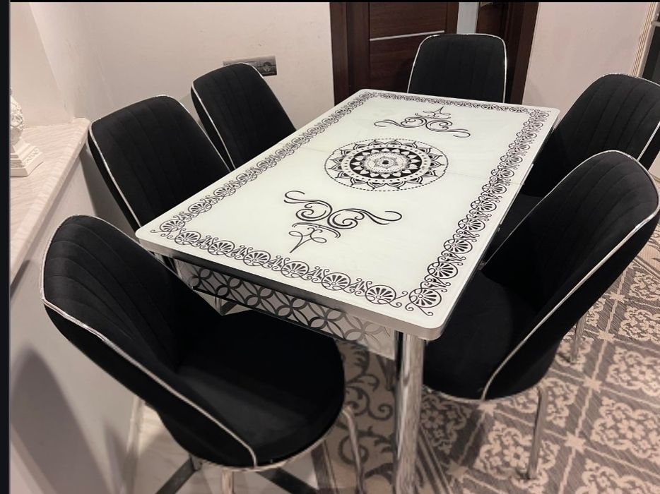 Стол обеденный кухонный раскладной 4/6 стульев. Чёрный мрамор