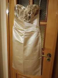 sukienka midi bez ramiączek kremowa ze złotym na wesele r. 38