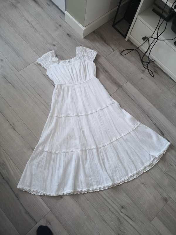 Biała sukienka z koronką boho XS