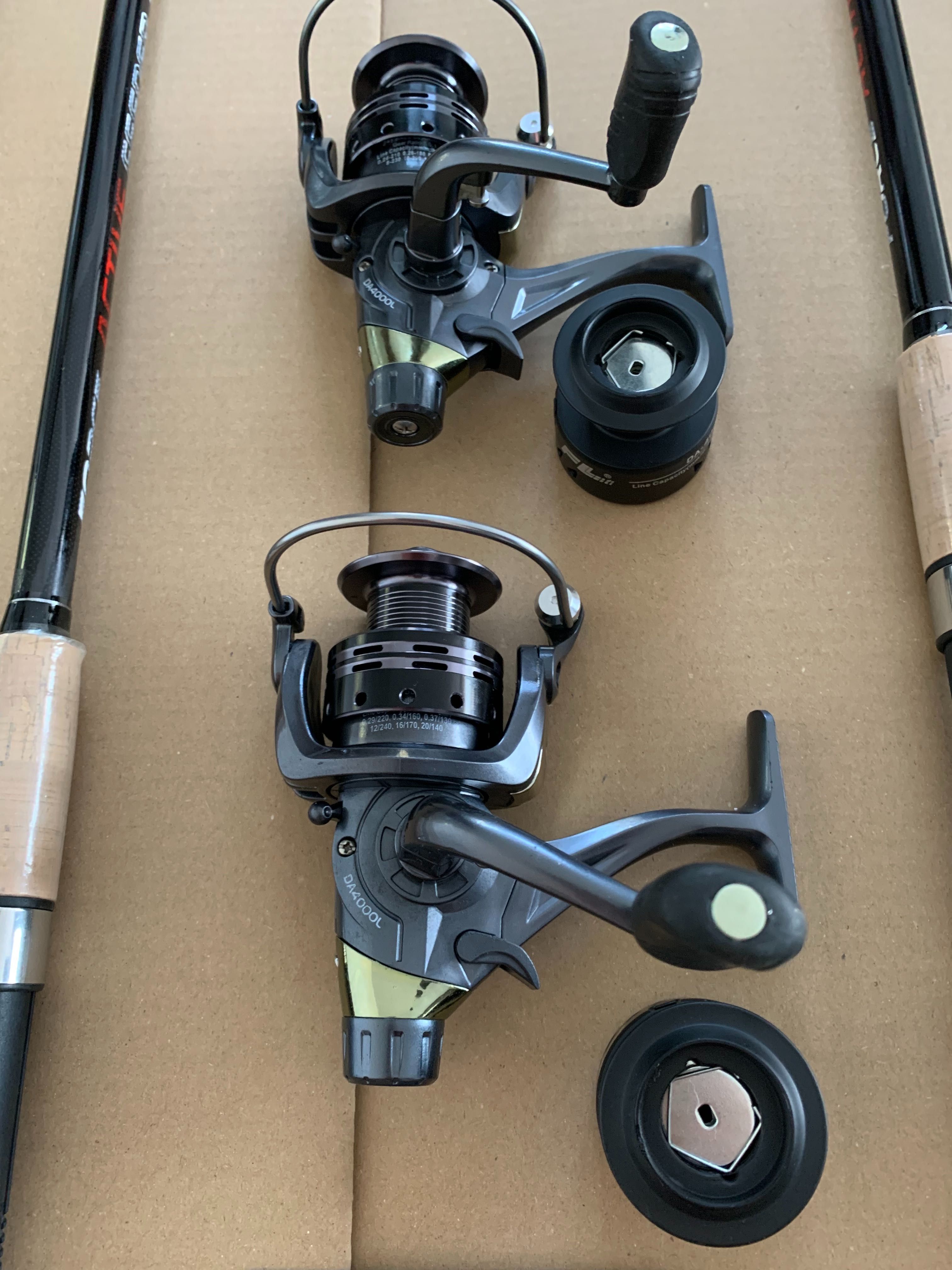 Nowe wędki feeder 3.6m 60-180g, kołowrotki z wolnym biegiem, żyłki