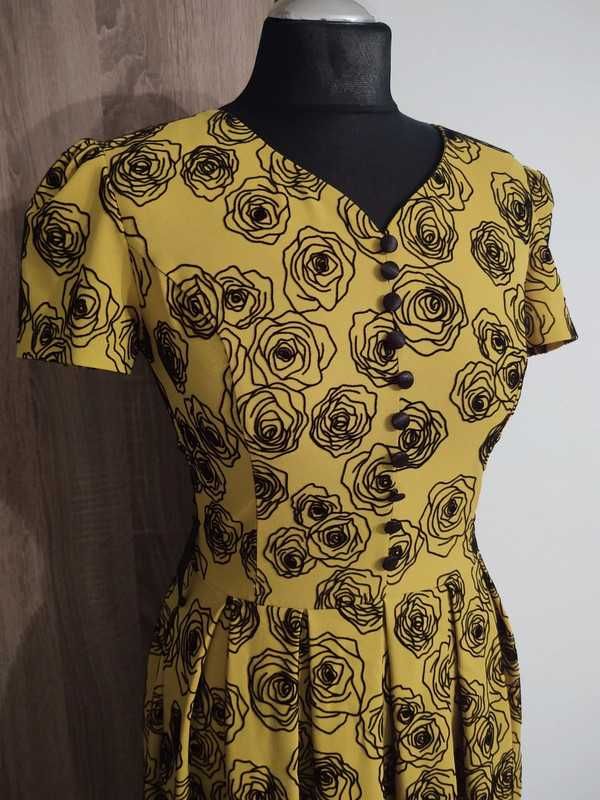 Żółto-czarna Sukienka Krótki Rękaw 97% Bawełna Noix Rozmiar 36