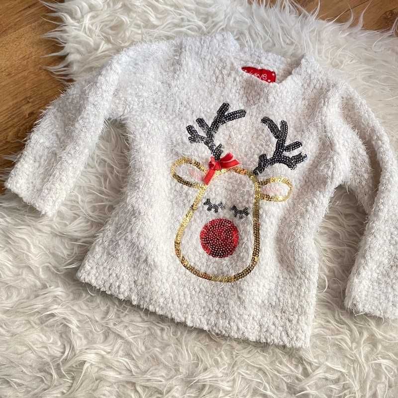 Biały sweterek świąteczny,święta,cekinowy reniferek,F&F,2-3 lata,98 cm