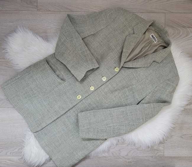 Khaki, lniany komplet / garnitur, marynarka / żakiet i spódnica, L 40