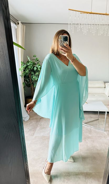 Wieczorowa zwiewna dluga sukienka plus size z narzutką, 2XL, 3xL