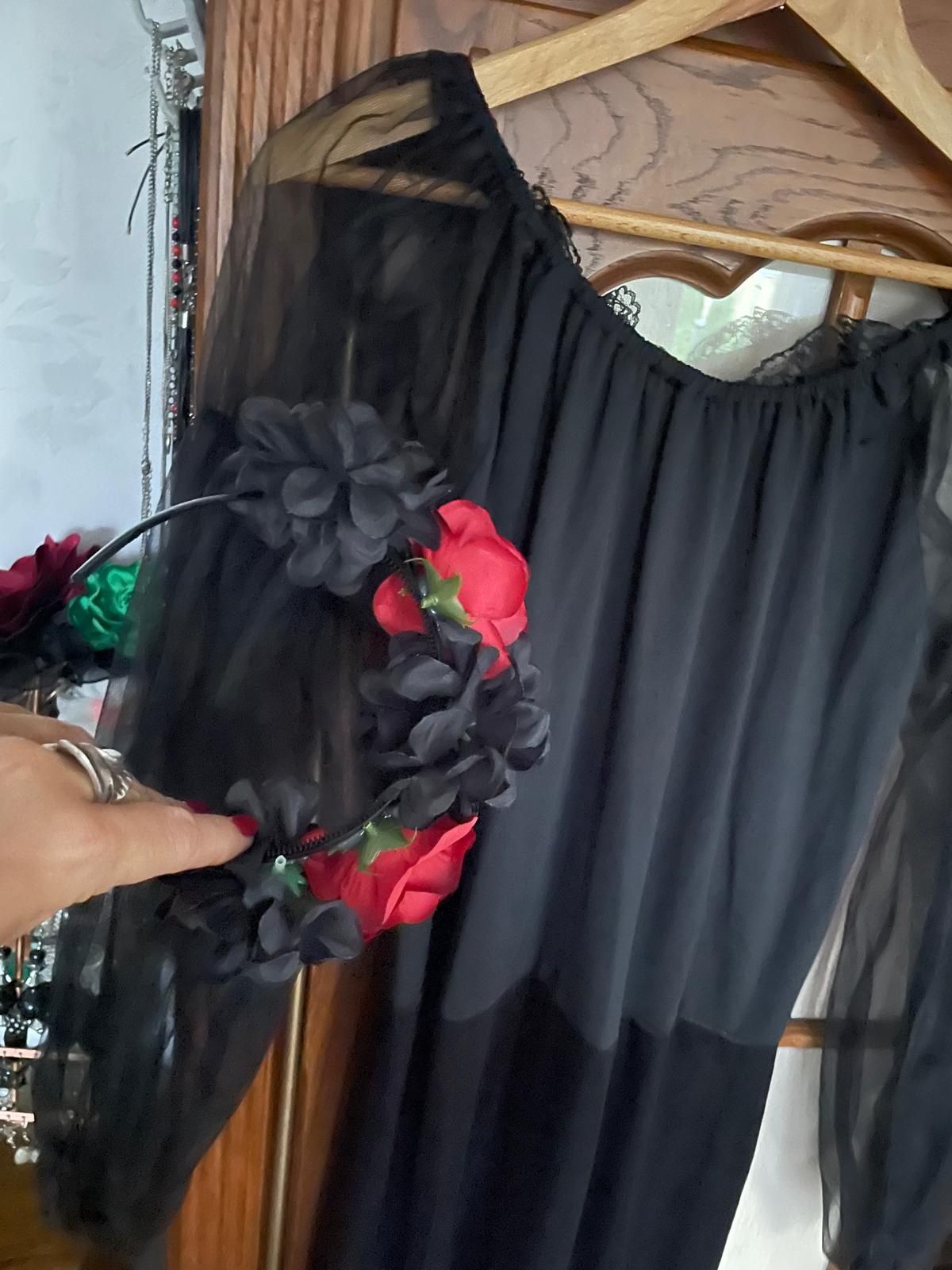 Super strój na Halloween sukienka +opaska róże i czachy roz..M-L - XL