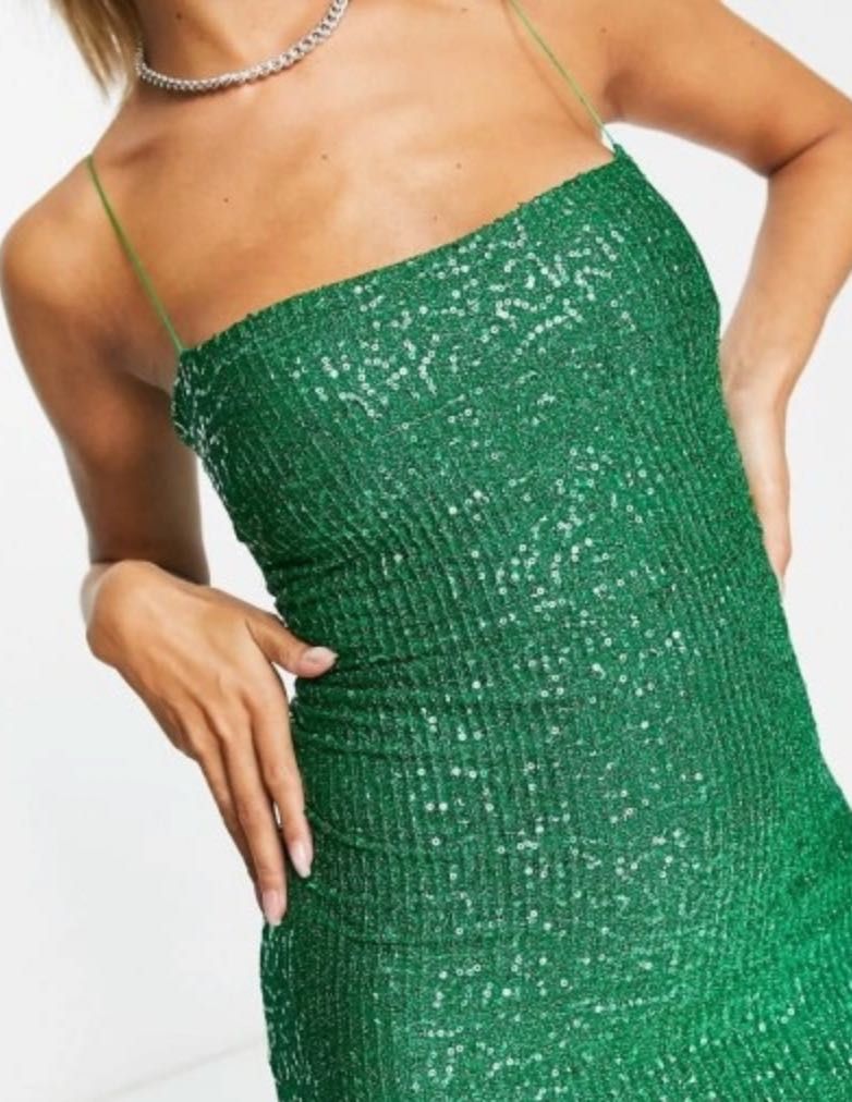 Zielona sukienka koktajlowa na ramiączkach cekiny midi z rozcięciem S