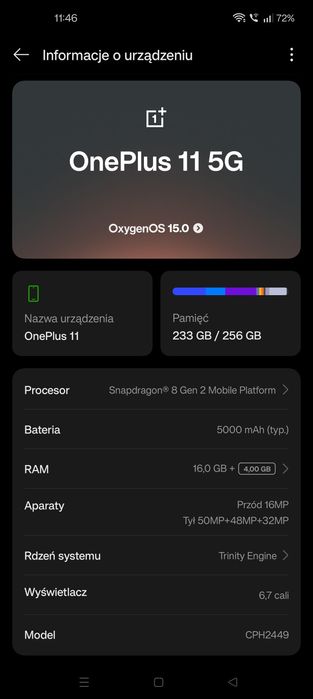 Oneplus 11 5G 16GB/256GB Stan jak nowy!