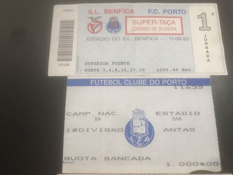 Lote 3 bilhetes de futebol S.L.B.xF.C.P. Super taça Cândido de Oliveir