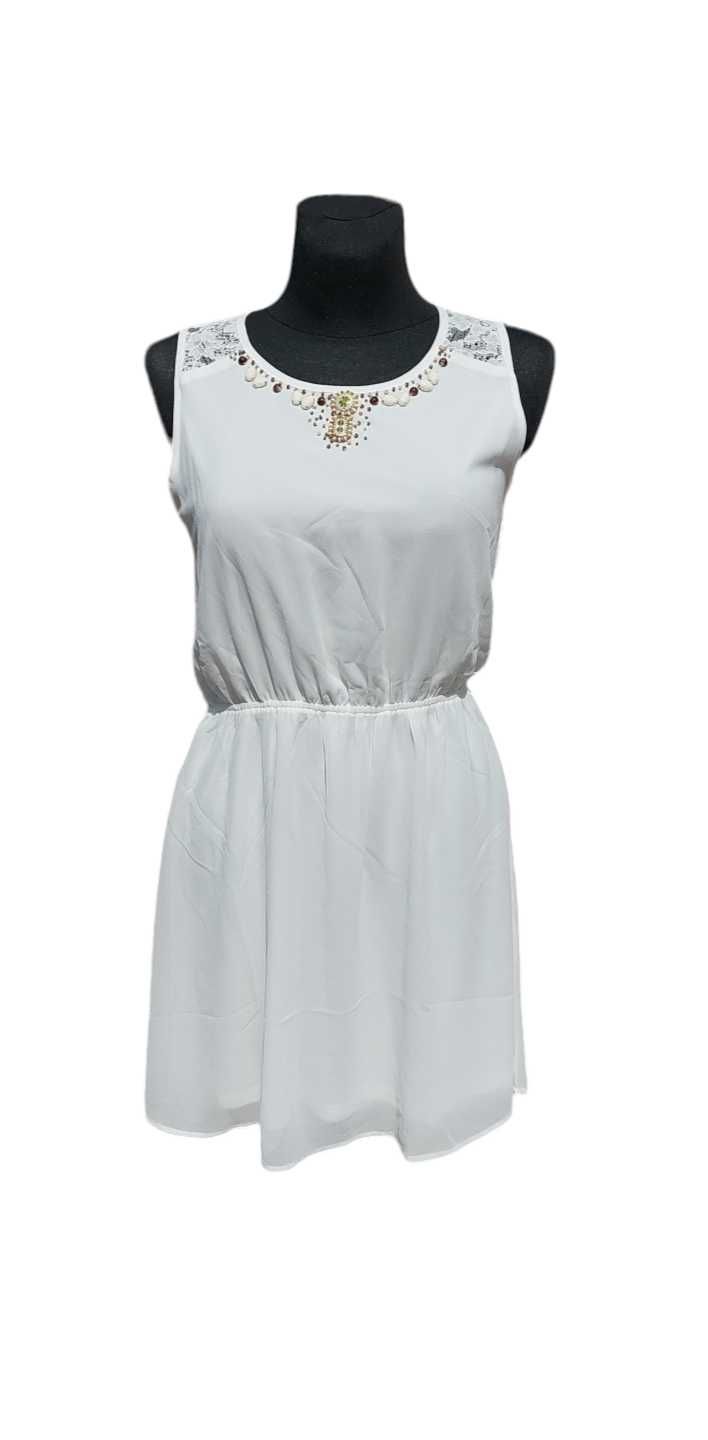 Sukienka damska z koronką, koraliki, biała, rozmiar XL