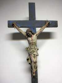 grande antigo crucifixo de pé com Cristo-madeira esculpida policromada