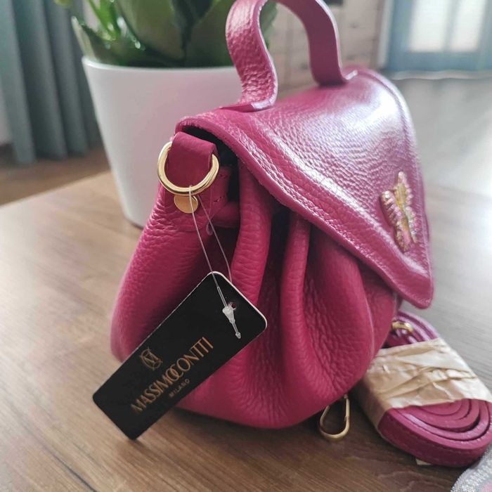 Torebka kuferek fuksja skóra naturalna Massimo Contti motylek NOWA