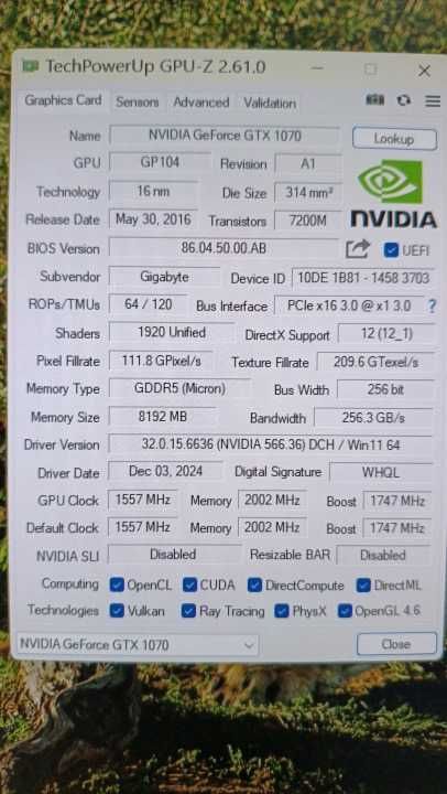 Gigabyte GTX 1070 8GB WindForce OC stan doskonały z komputera