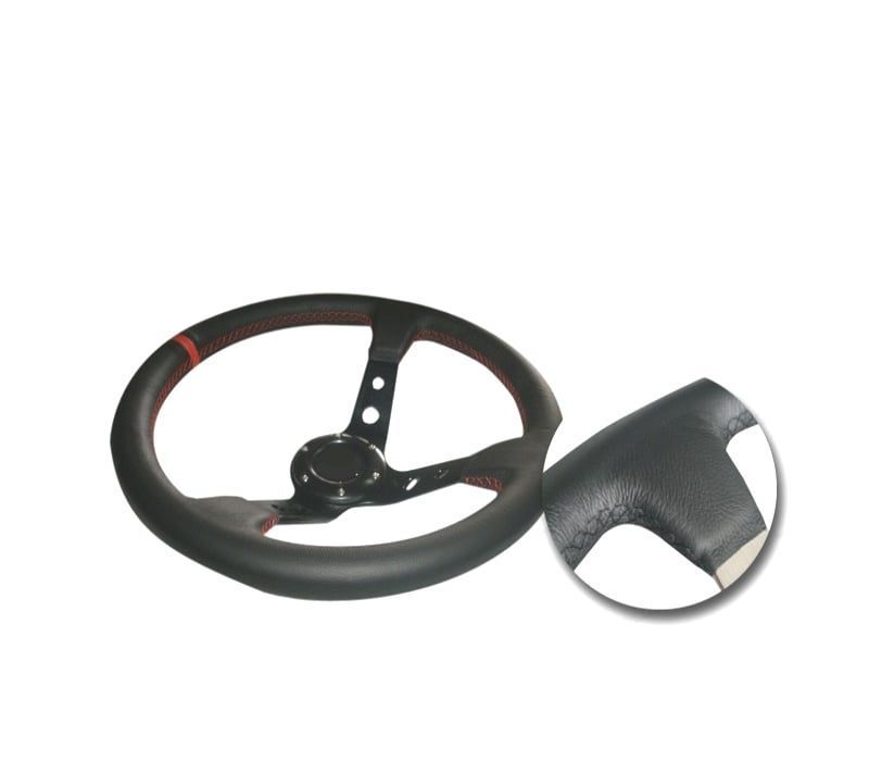 VOLANTE INVERTIDO LOOK OMP PELE SINTÉTICA PRETO BRAÇOS PRETOS ACENTO VERMELHO