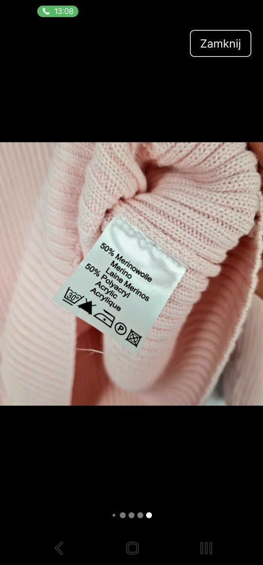 Śliczny elegancki pudrowy róż różowy sweterek 50% Merino wool 42 XL 14