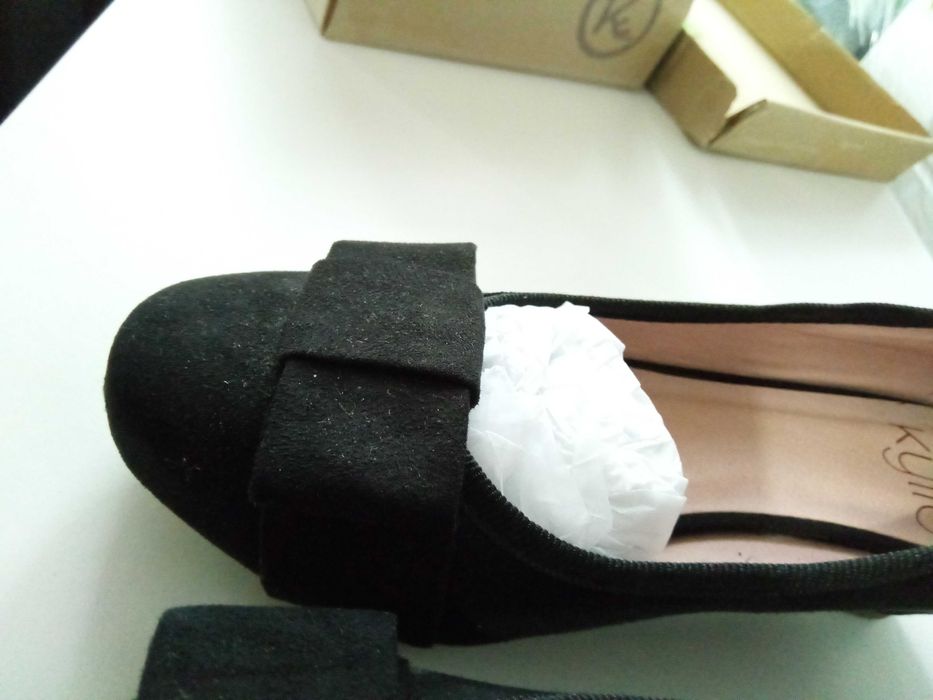 Buty baleriny na koturnie zamsz czarne eleganckie retro vintage