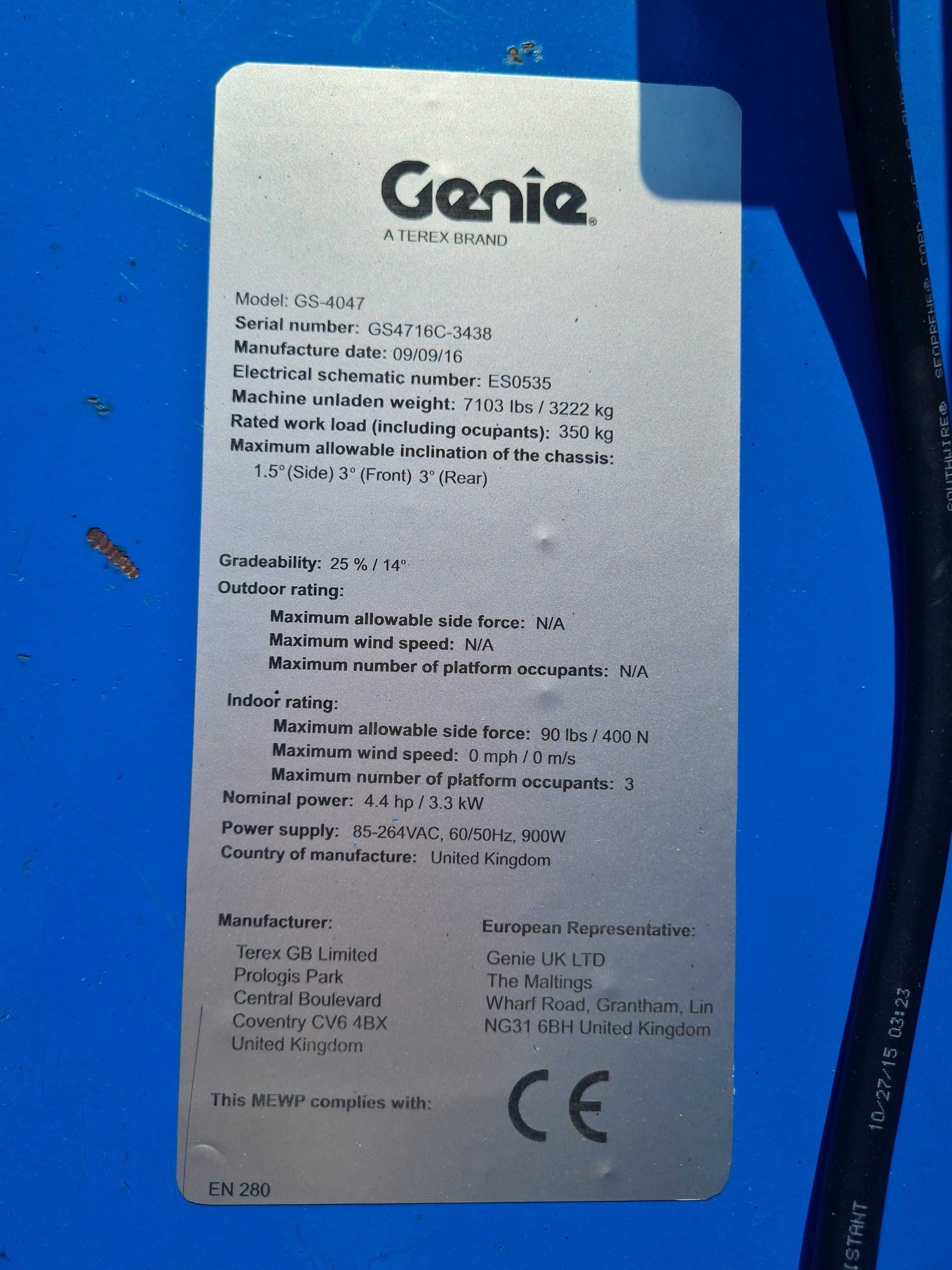 Genie GS‑4047 podnośnik nożycowy, elektryczny 13,7 m, 350 kg, 2016 rok