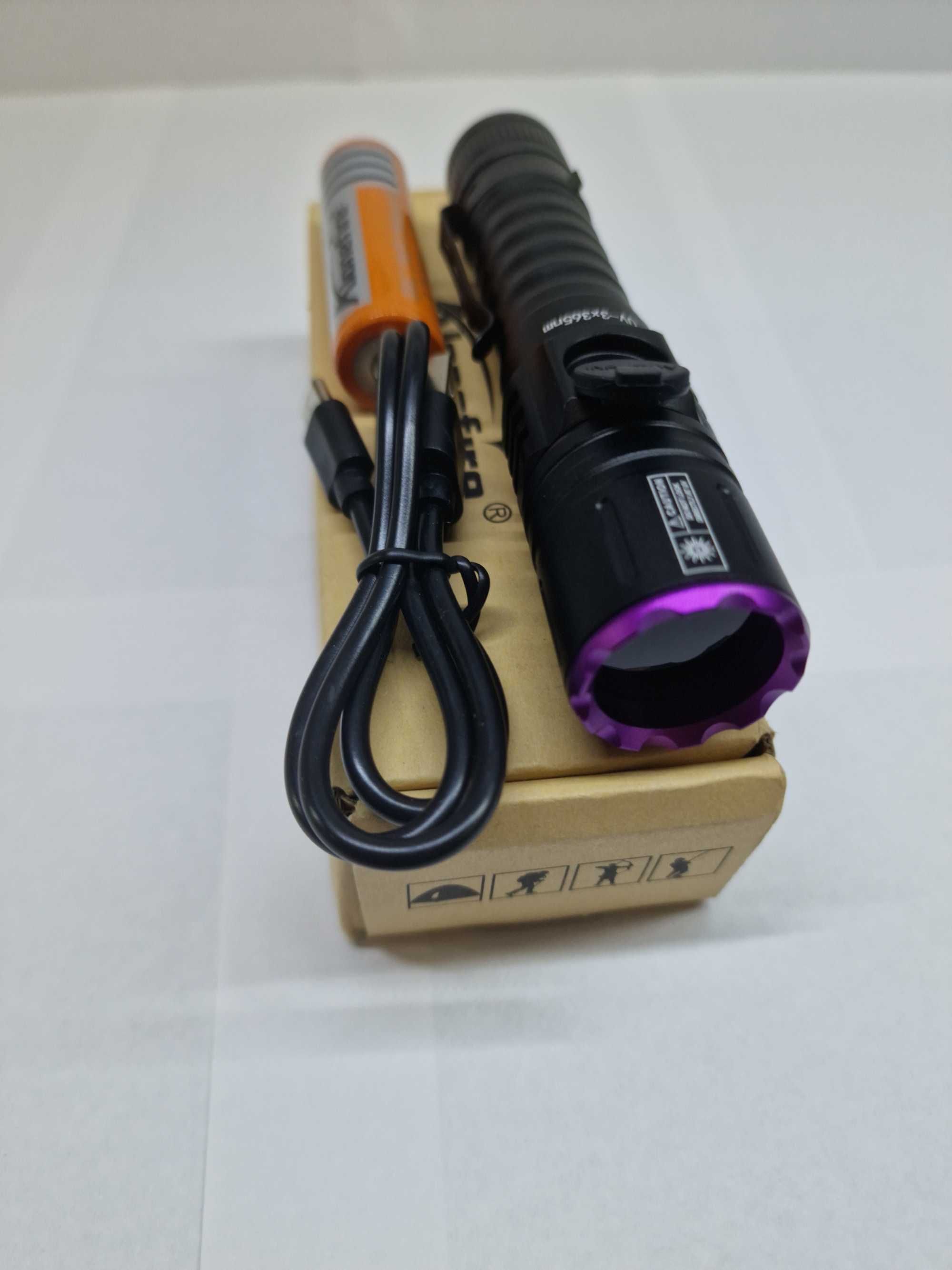 Ультрафиолетовый фонарик 365NM, 15W, 3 LED, аккумулятор 1*18650