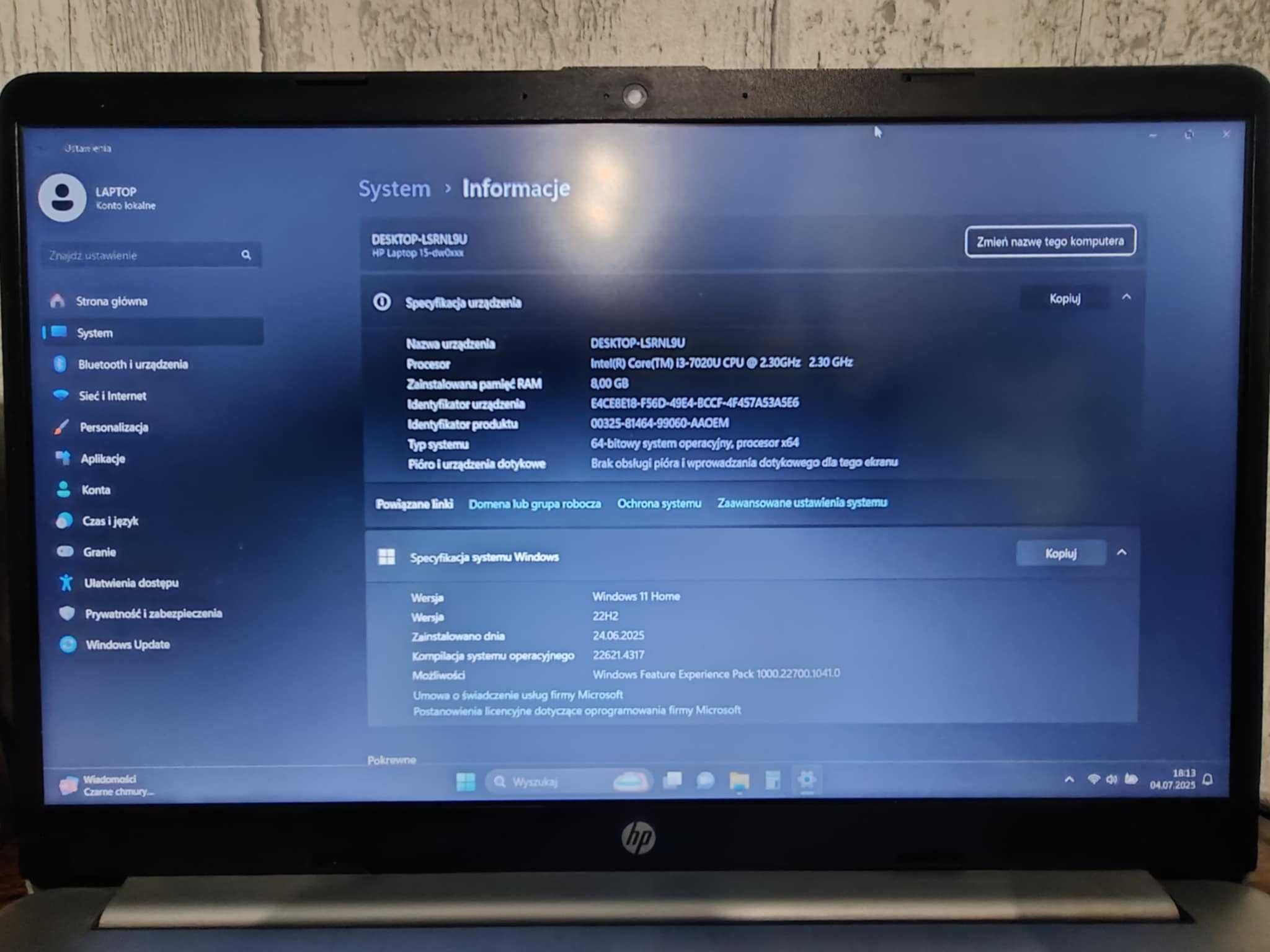 Laptop HP - i3 7gen , SSD , DDR4 , WIN11