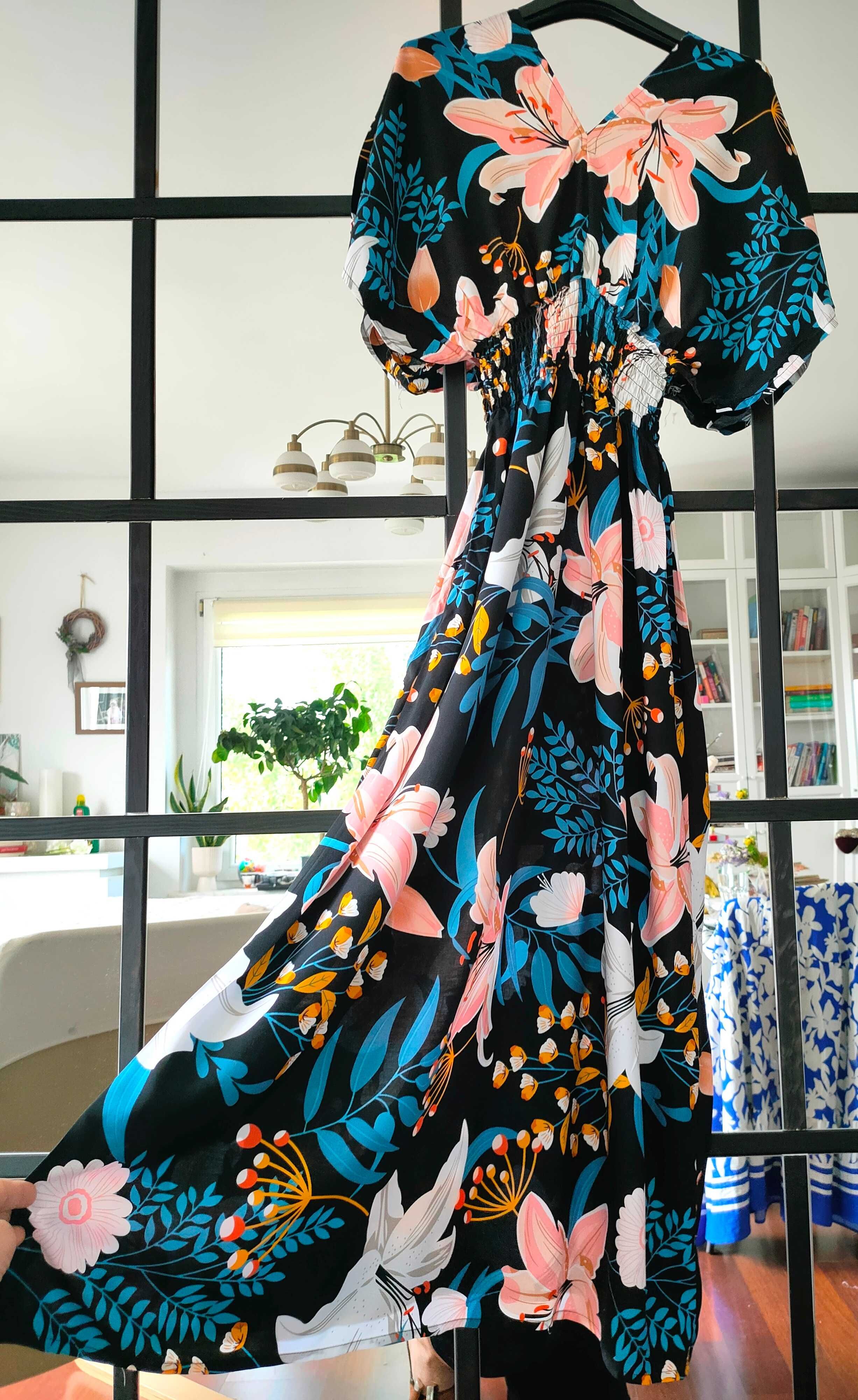 Mega sukienka na lato midi maxi kwiaty lilie L / XL