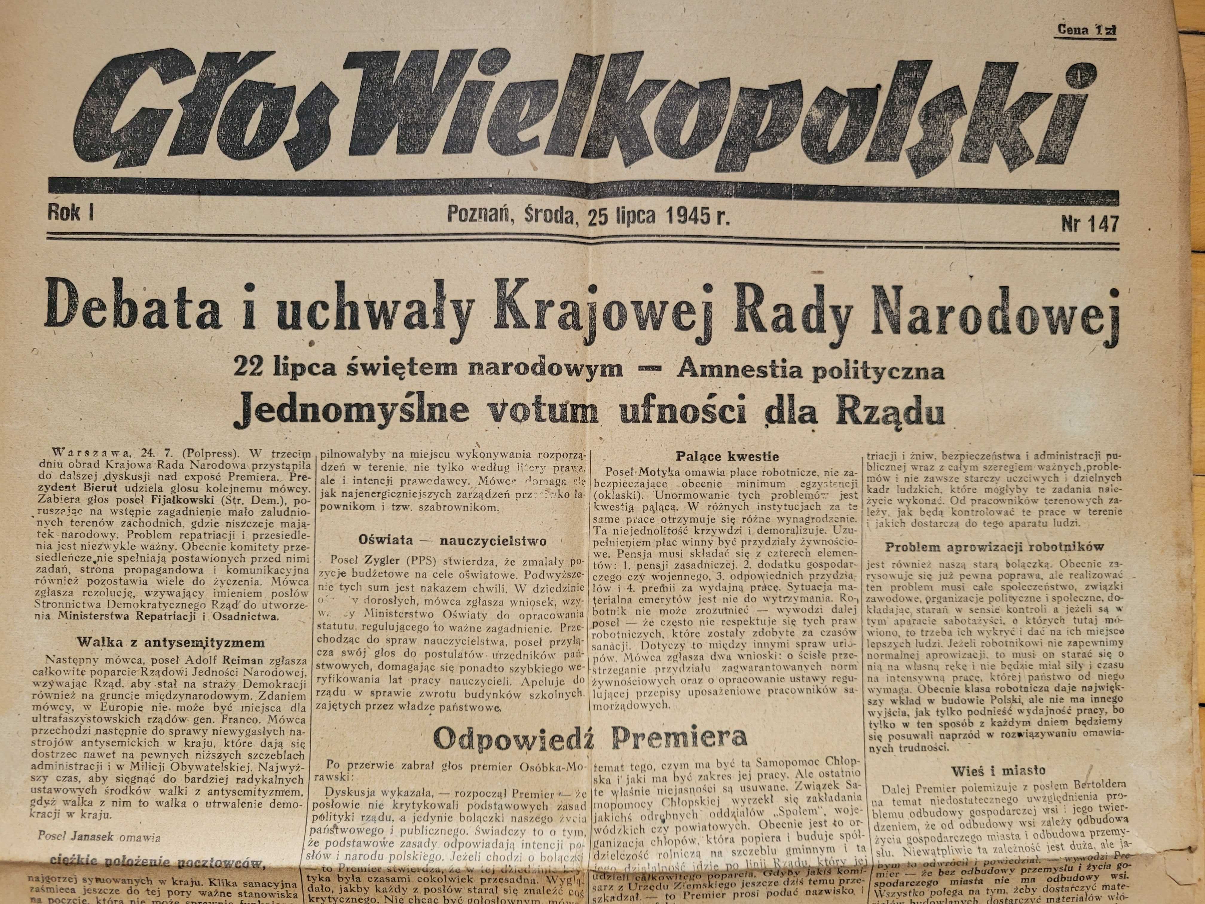 Stare gazety z 1945 Głos Wielkopolski
