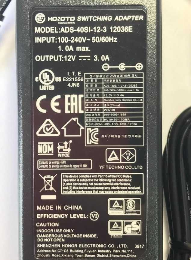 Блоки живлення SWITCHING ADAPTER 12V 3.0A ADS-40SI-12-3