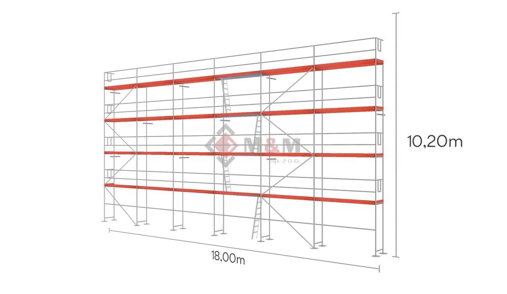Rusztowanie elewacyjne 183,6 m2 używane 18x10,2 m Podest drewniany