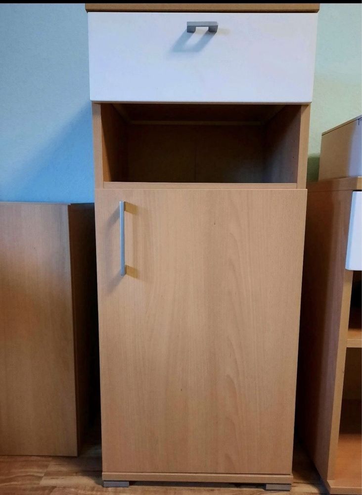 Komoda,półka,kolor bukowy + bialy połysk