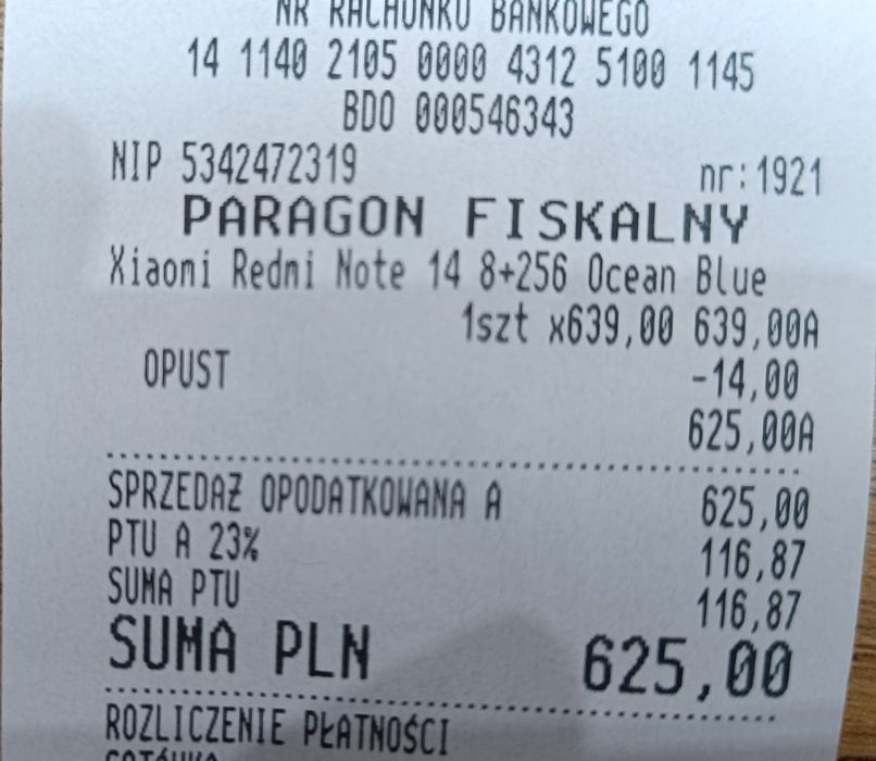 Telefon redmi note 14 8/256 paragon gwarancja