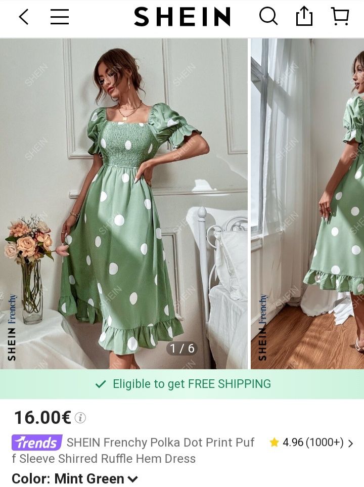 SHEIN M-XL śliczna miętowa sukienka midi w groszki bufiasty rękaw