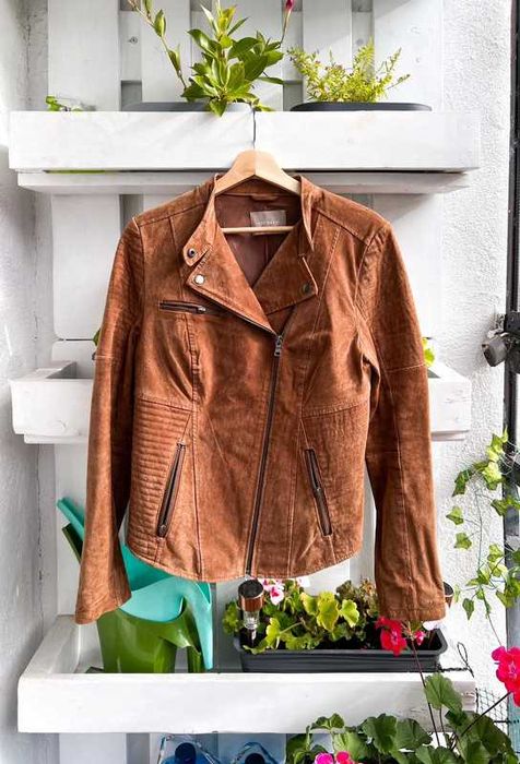 Brązowa rudawa skórzana kurtka ramoneska ze skóry naturalnej Orsay S