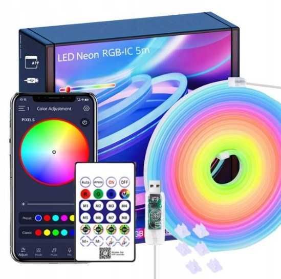 Taśma Neon LED 5M RGB Bluetooth Aplikacja Pilot WodoodpornaPasek Lampa