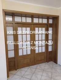 Drzwi drewniane sosnowe -jesionowe dwuskrzydłowe  z doświetlami