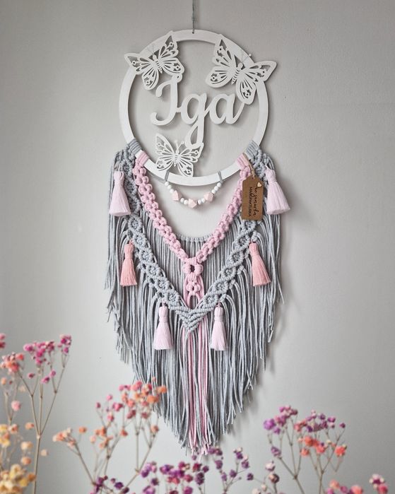 Makrama imienna do pokoju dziecka ozodba handmade chrzest komunia