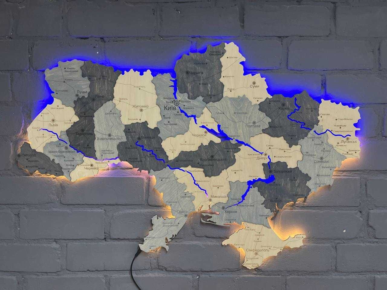 Дерев'яна мапа України з підсвіткою карта на стіну панно картина
