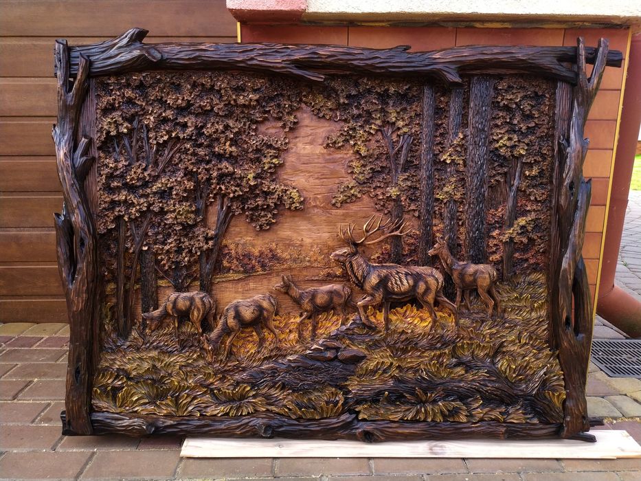 Картина панно інтер'єр дизайн різьба по дереву картина олені